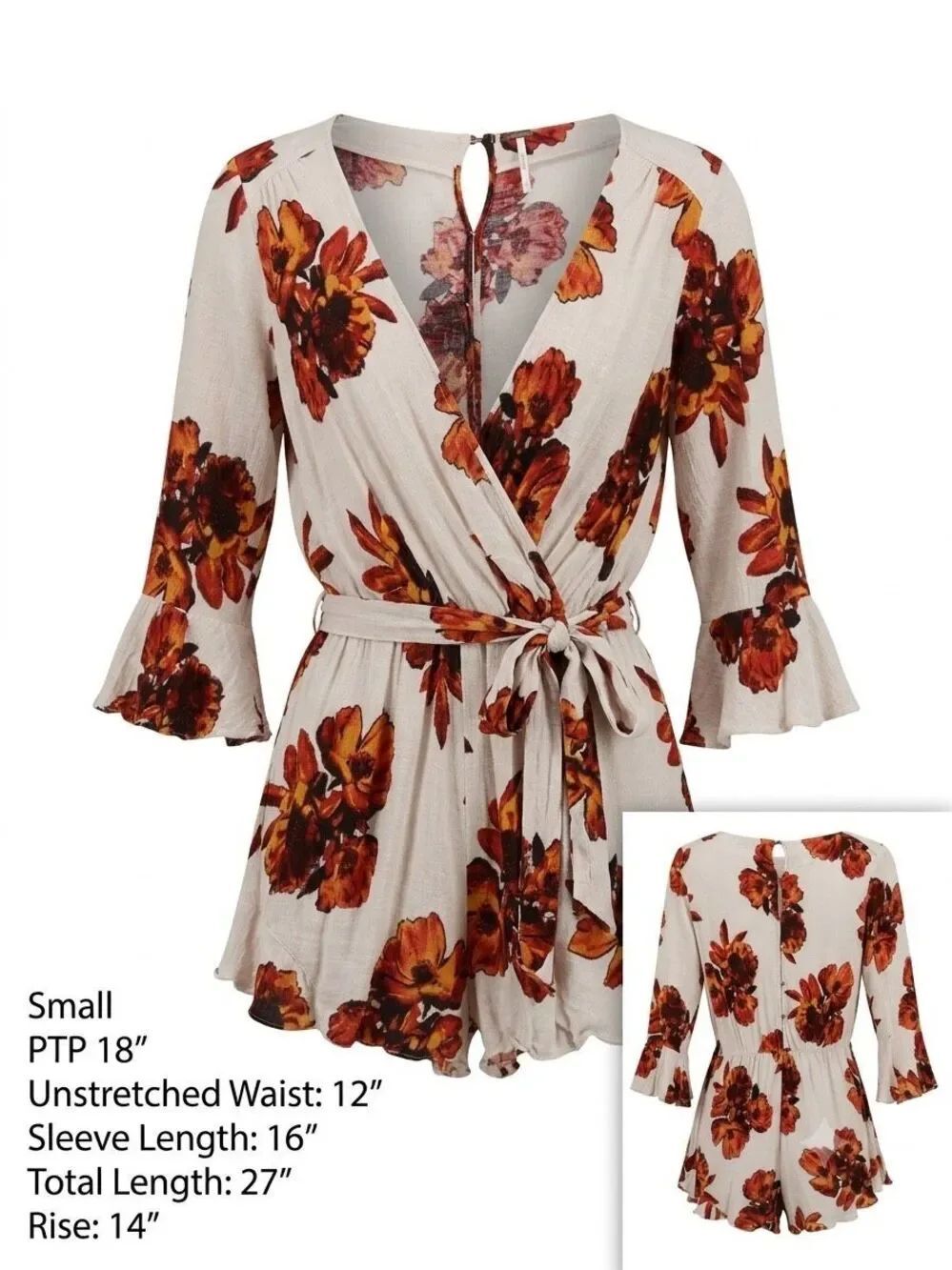 Free People Boho Chic Festival Feminine Floral Surplice Romper Bell Sleeve S